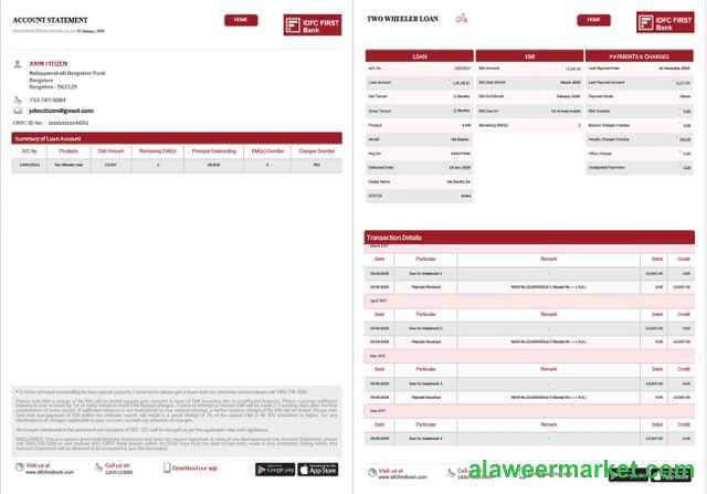 India IDFC First Bank Limited account statement Word and PDF template, 2 pages